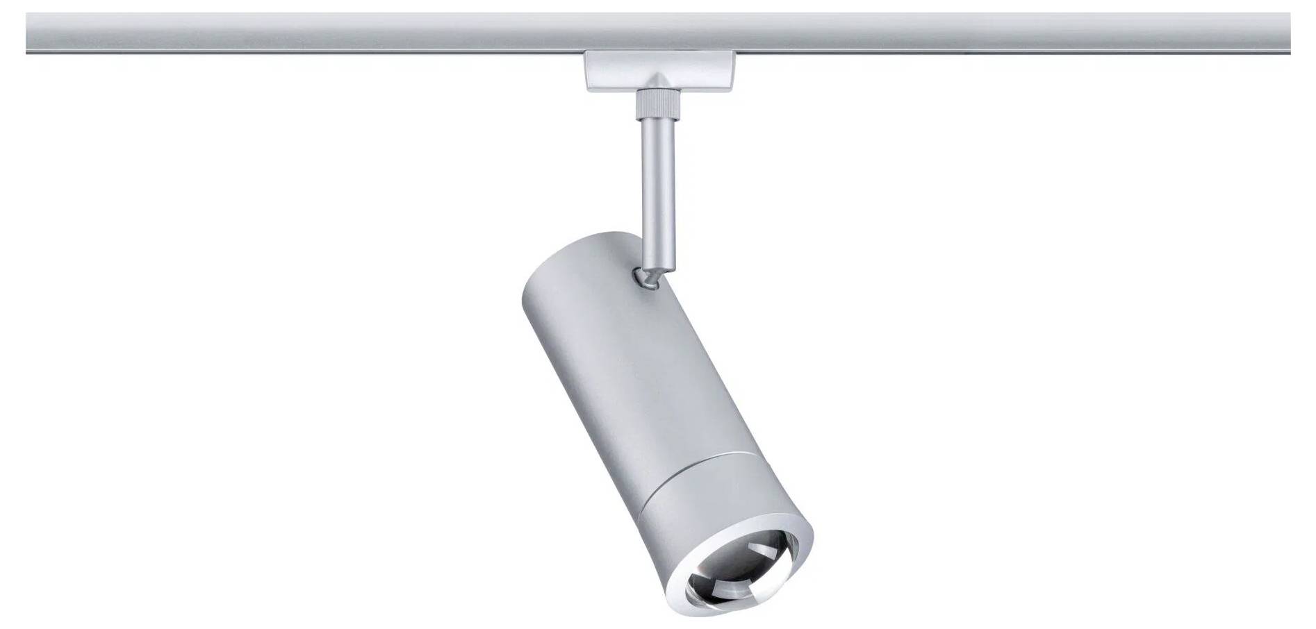 Elegantan, moderan srebrni track light uređaj cilindričnog oblika, postavljen na stropnu šinu za usmjereno unutarnje osvjetljenje.