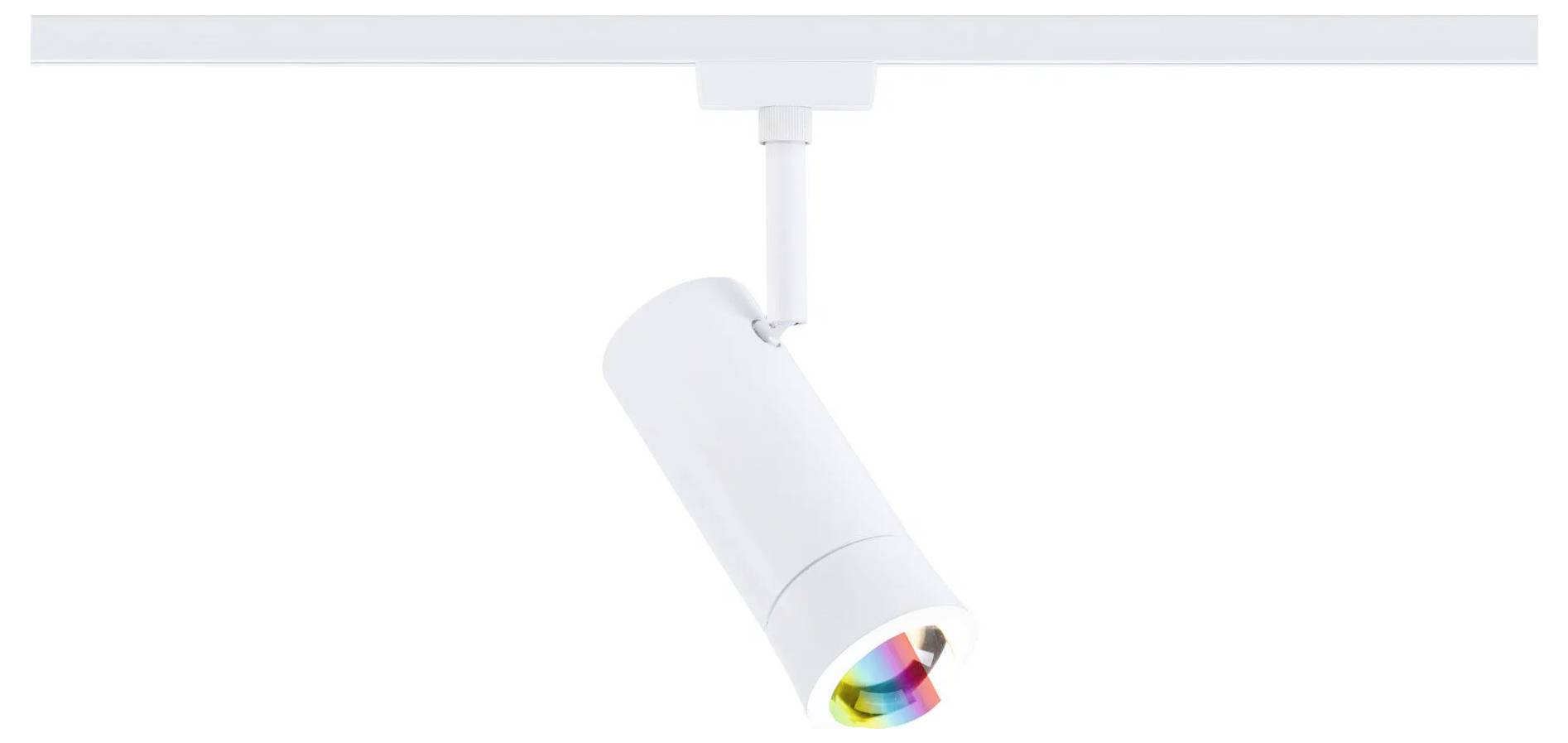 Bijela LED track svjetiljka montirana na stropu, valjkastog oblika, s višebojnom lećom usmjerenom prema dolje.