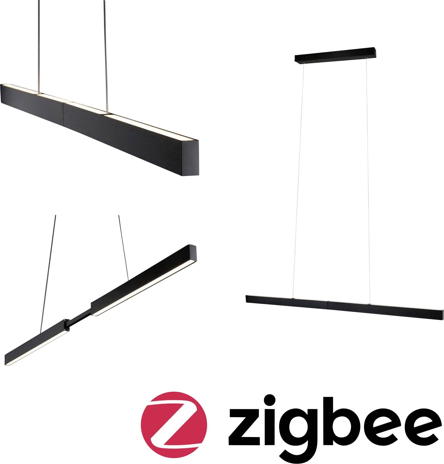Prikazana su tri pogleda moderne crne linearne viseće svjetiljke. Crveni 'Z' logotip s tekstom 'zigbee' pojavljuje se na dnu.