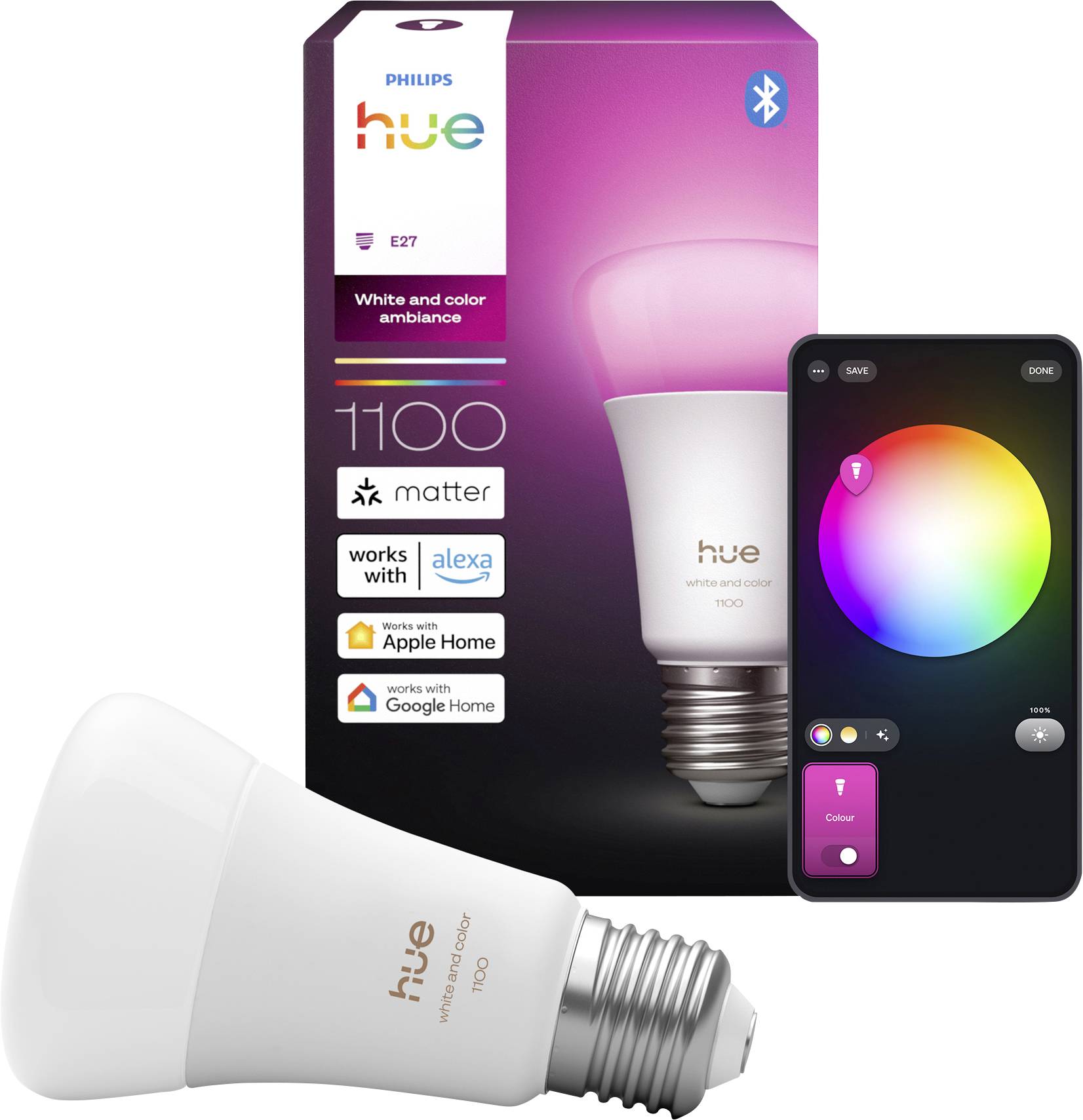 Philips Hue pametna žarulja s funkcijama bijele i obojene ambijentalne rasvjete; na pakiranju je naznačena kompatibilnost s Alexom, Apple Home i Google Home.