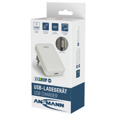 Ambalaža Ansmann 30W USB-C punjača prikazuje karakteristike: USB Type-C izlaz, ultra brzo punjenje, ultra tanak dizajn, pogodan za mobitele.
