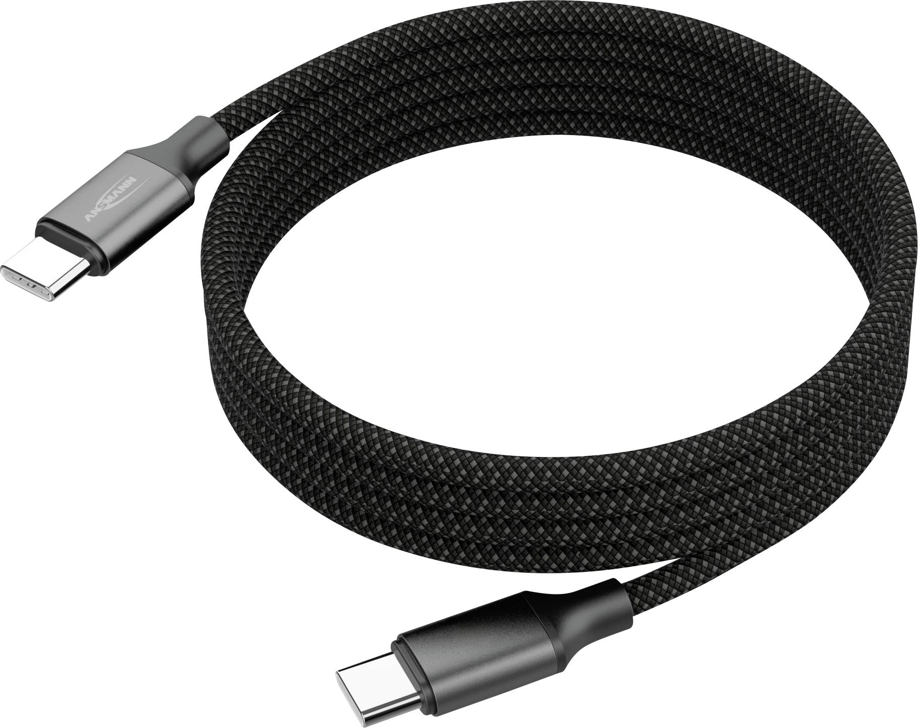 Crni pleteni USB-C do USB-C kabel, uvijen, koji demonstrira trajnost i povezivost između kompatibilnih uređaja.