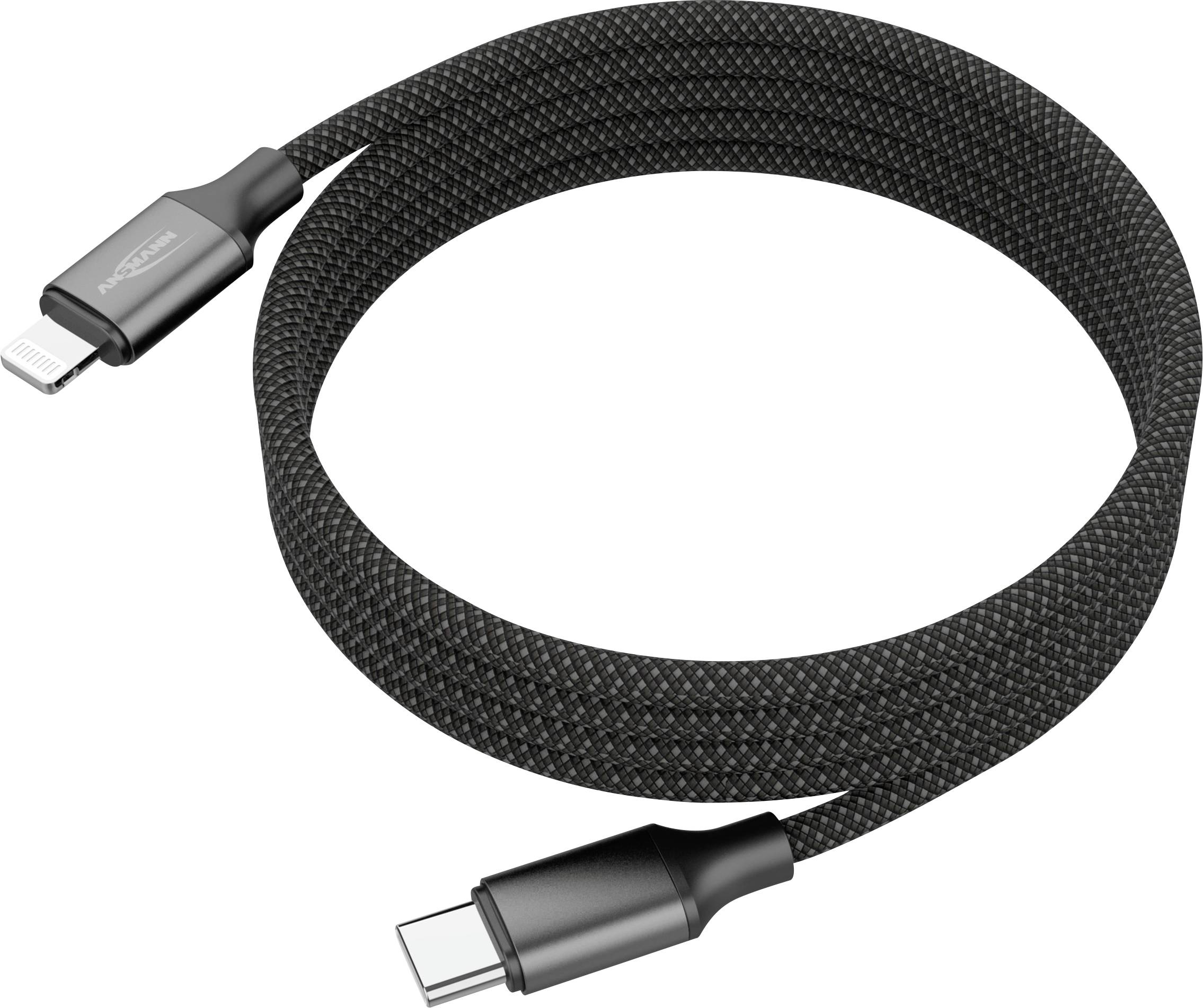 Uvrnuti crni pleteni USB-C do Lightning kabel, namijenjen punjenju i prijenosu podataka između kompatibilnih uređaja.