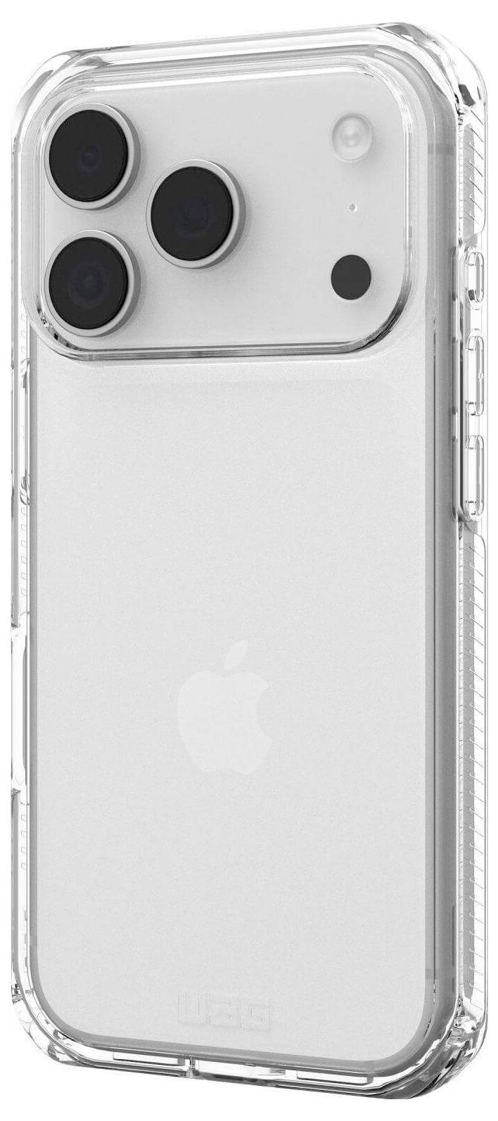 Pametni telefon s prozirnim zaštitnim futrolom prikazan je sa tri kamere i Apple logotipom na stražnjoj strani.