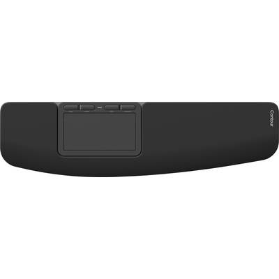 Ergonomski naslon za ručni zglob tipkovnice s integriranom dodirnom pločicom, s tri gumba i funkcijom pomicanja, crne boje, brendiran kao 'Contour'.