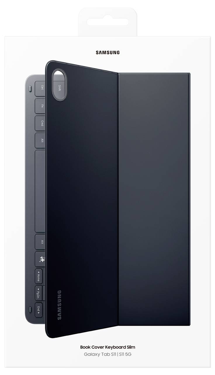 Naslovnica ambalaže 'Book Cover Keyboard Slim za Galaxy Tab S11/S11 5G' prikazuje crnu tipkovnicu i poklopac koji su djelomično otvoreni, otkrivajući raspored tipkovnice.