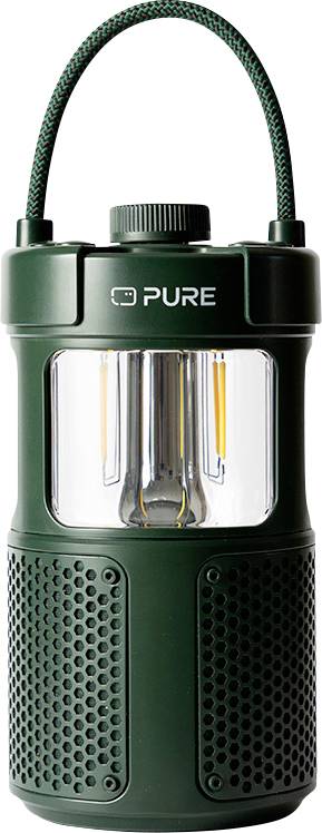 Zelena prijenosna lampa s ručkom i natpisom 'PURE' iznad prozirnog dijela, koji otkriva unutarnje LED svjetlo.