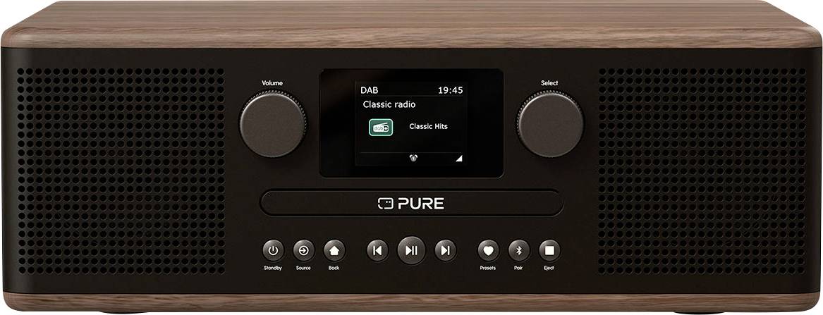 Digitalni radio u vintage stilu s drvenim završetkom, koji prikazuje 'DAB Classic radio' u 19:45. Vidljivi su gumbi i tipke za upravljanje.