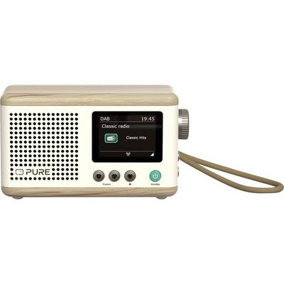 Kompaktni bijeli i drveni radio s zaslonom koji prikazuje 'Klasični hitovi' na 'Klasičnom radiju'. Tri gumba za predodređene stanice, informacije i stanje mirovanja.