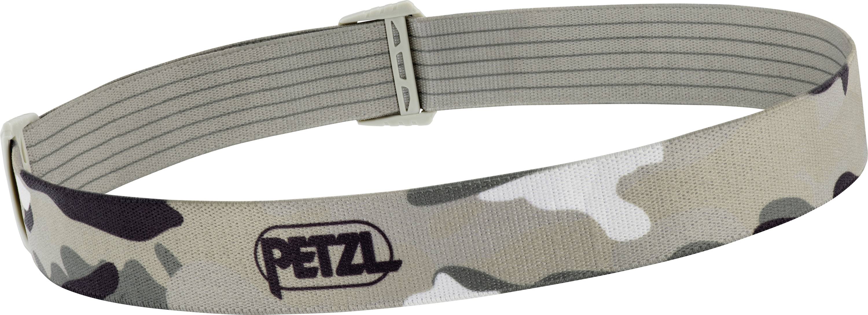 Bež i zeleni pojas za glavu s vojničkim/kamuflaž uzorkom kompanije Petzl, s podesivom trakom, namijenjen za vanjsku upotrebu ili taktičke svrhe.