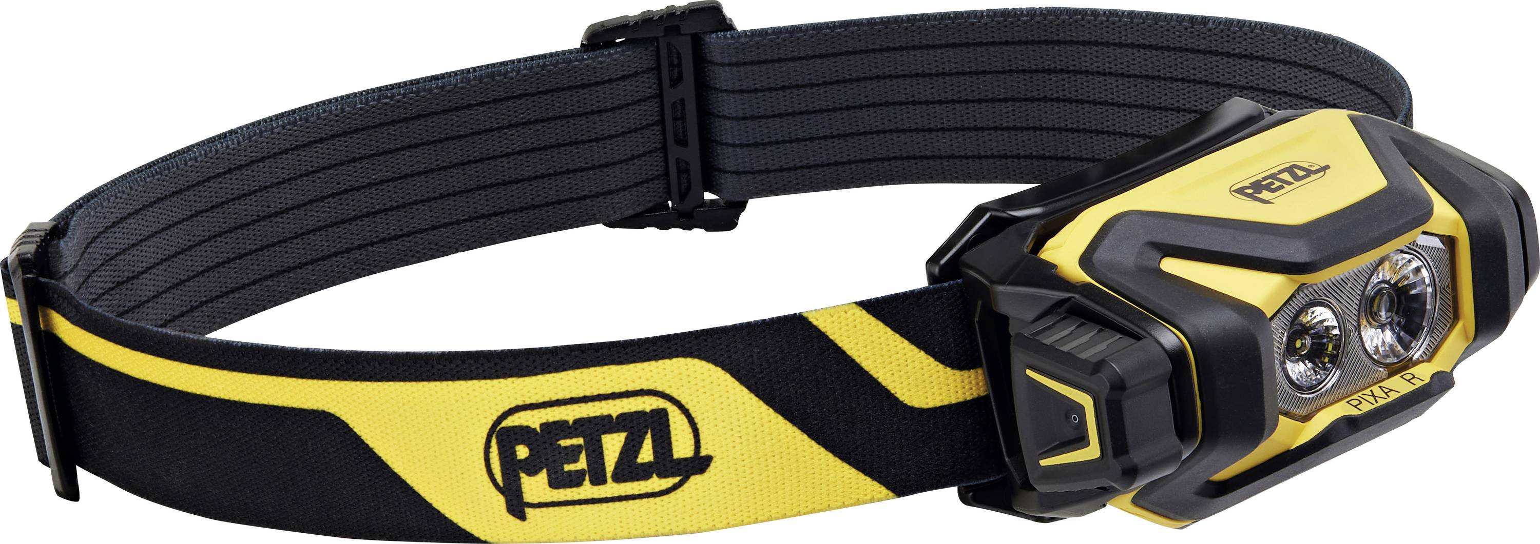 Žuta i crna čeona lampa s dva LED svjetla i podesivom trakom, na kojoj se nalazi Petzl logotip.
