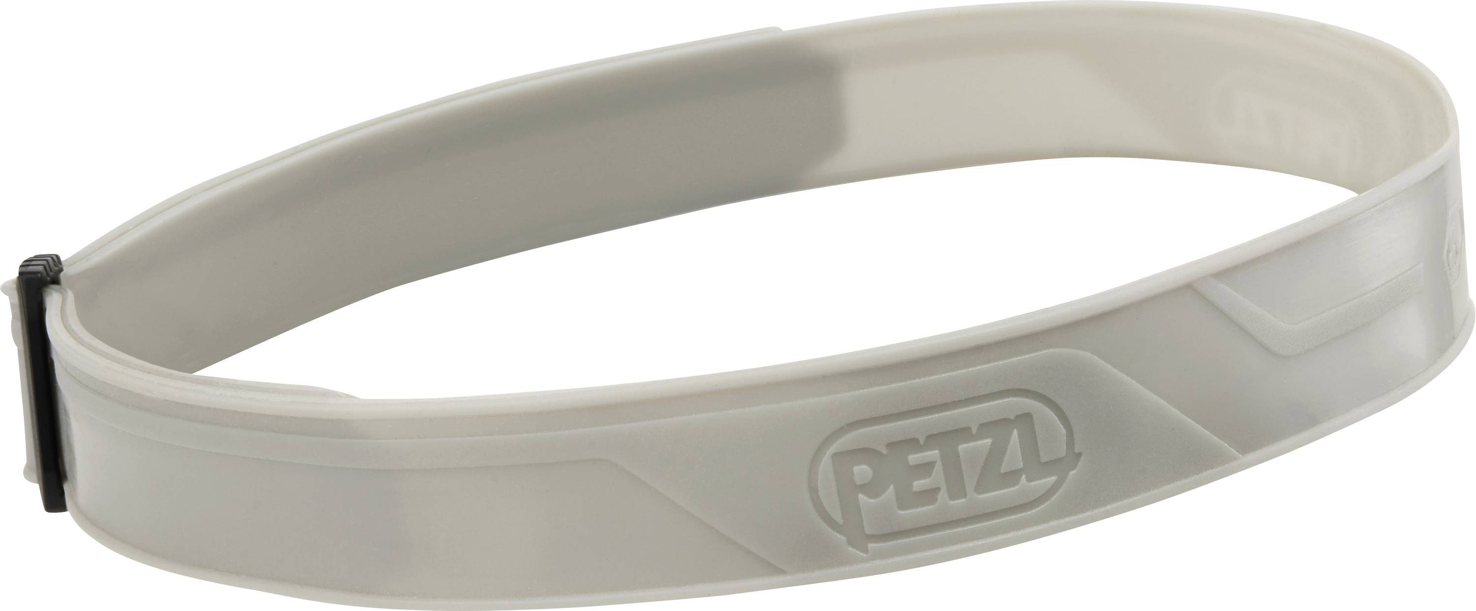 Bijela, fleksibilna traka za glavu s logotipom 'PETZL' sa strane, dizajnirana za učvršćivanje čeonih lampi, prikazana na bijeloj pozadini.