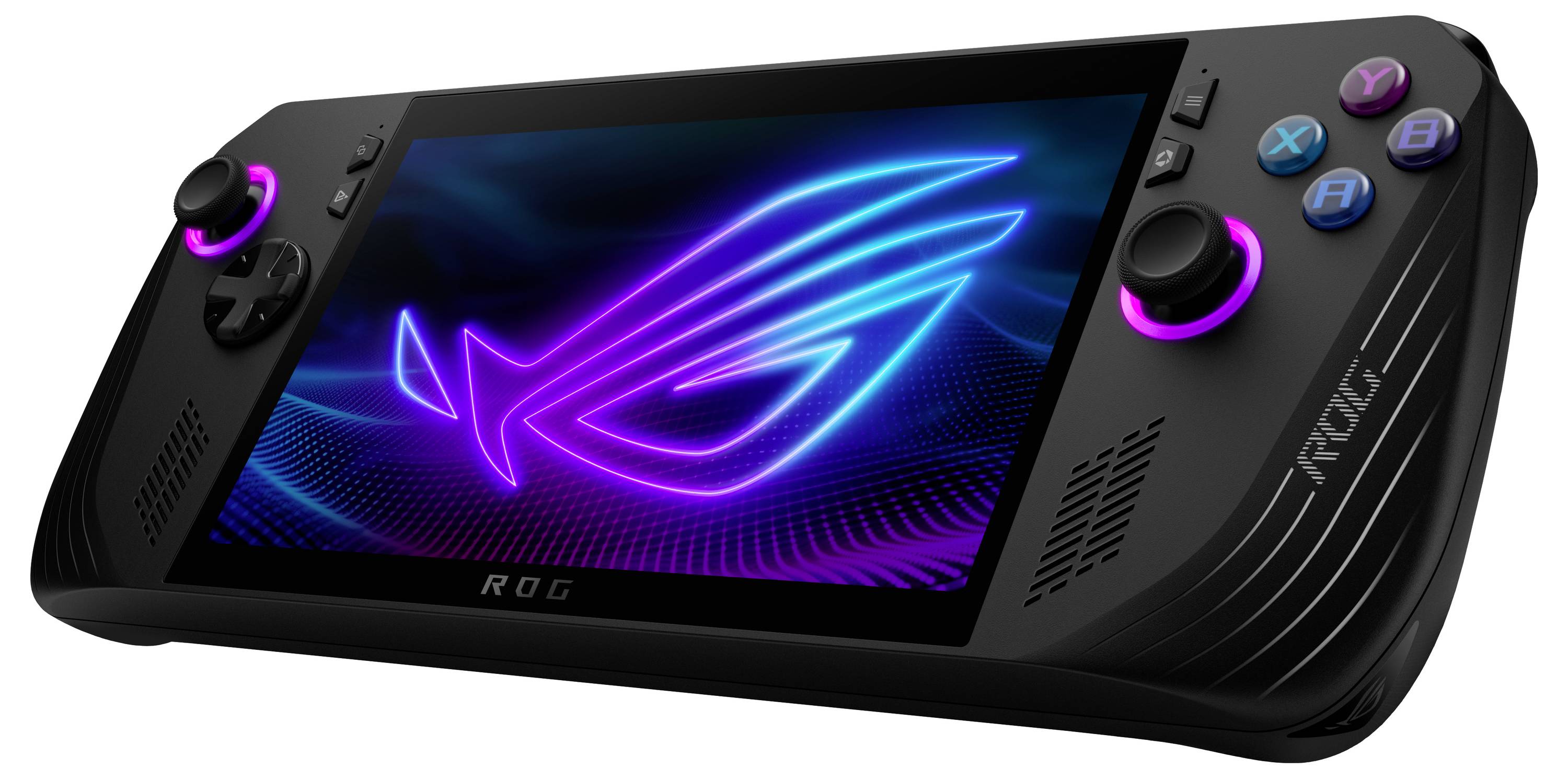 Prijenosni uređaj za igranje s dva joysticka, gumbima za akciju i zaslonom koji prikazuje sjajni neonski logotip, demonstrirajući suvremeni, elegantan dizajn.