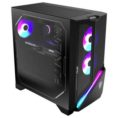MSI gaming računalo s RGB osvjetljenjem, opremljeno grafičkom karticom GeForce RTX. Crno kućište sa straničnim pogledom koji prikazuje unutarnje komponente.
