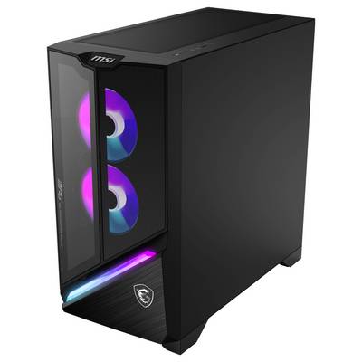 Elegantan crni računalni toranj s staklenom pločom koji prikazuje dva unutarnja RGB osvjetljena ventilatora, s logotipom 'MSI' na vrhu i prednjoj strani.
