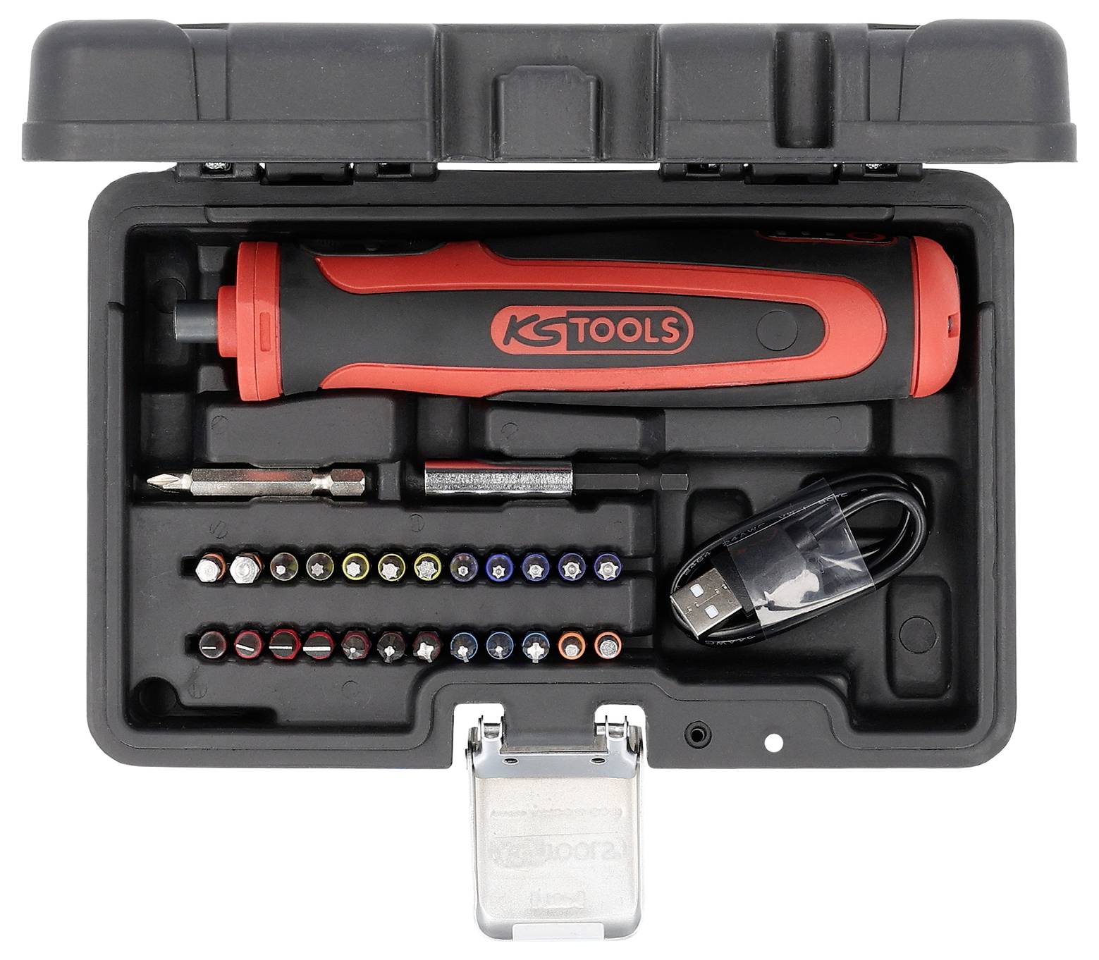 Set alata 'KS Tools' električni odvijač u crnoj kutiji s nastavcima, USB kabelom i ručkom u crveno-crnom dizajnu.
