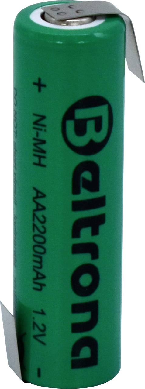 Zelena cilindrična baterija za punjenje označena natpisom 'Beltrona Ni-MH AA2200mAh 1.2V' s metalnim jezičcima na vrhu i dnu.