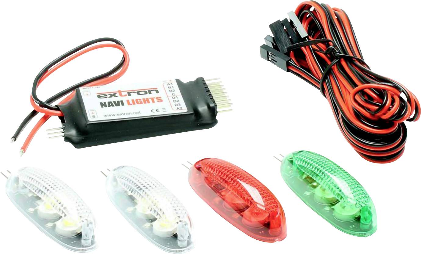 Komplet navigacijskih svjetala s četiri svjetla (dvije bijele, jedna crvena, jedna zelena), žicama i kontrolnom jedinicom označenom kao 'Extron NAVI LIGHTS.'