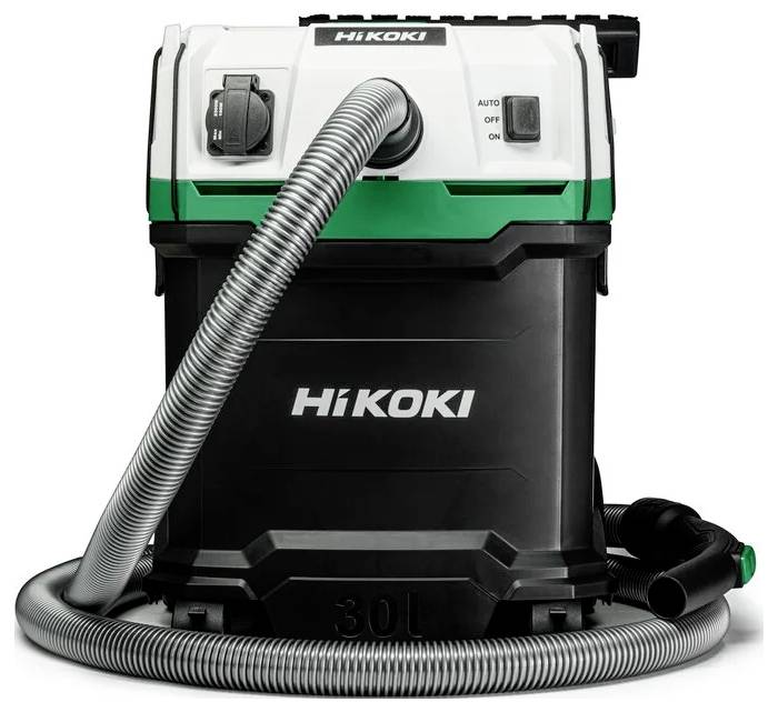 'HiKOKI 30L' usisavač s kontrolnim preklopnicima na vrhu i fleksibilnom цrevom ispred.