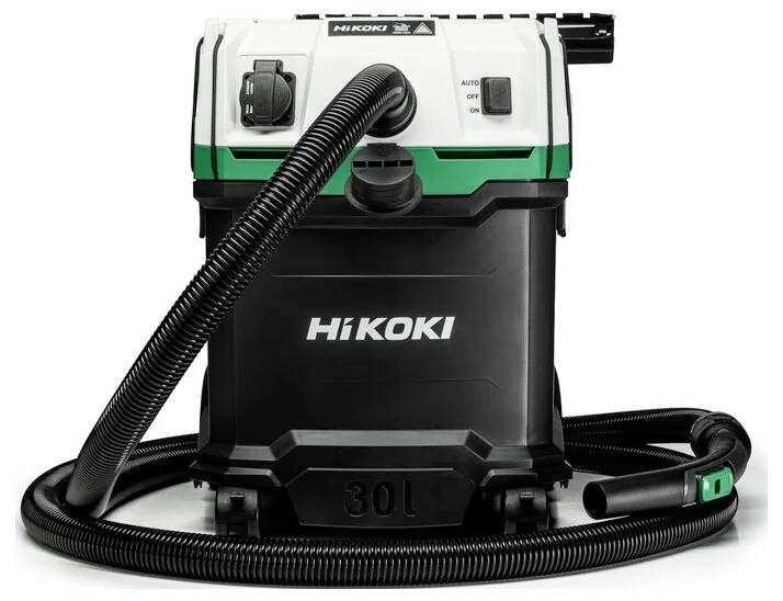 HiKOKI usisavač kapaciteta 30 litara, s fleksibilnom crijevi i kontrolnim preklopnicima na vrhu, projektiran za industrijsku upotrebu.