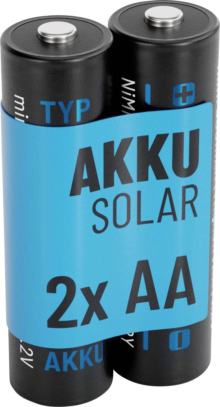 Baterije 'AKKU SOLAR 2x AA' marka, pakiranje od dvije AA punjive baterije omotane plavom naljepnicom.