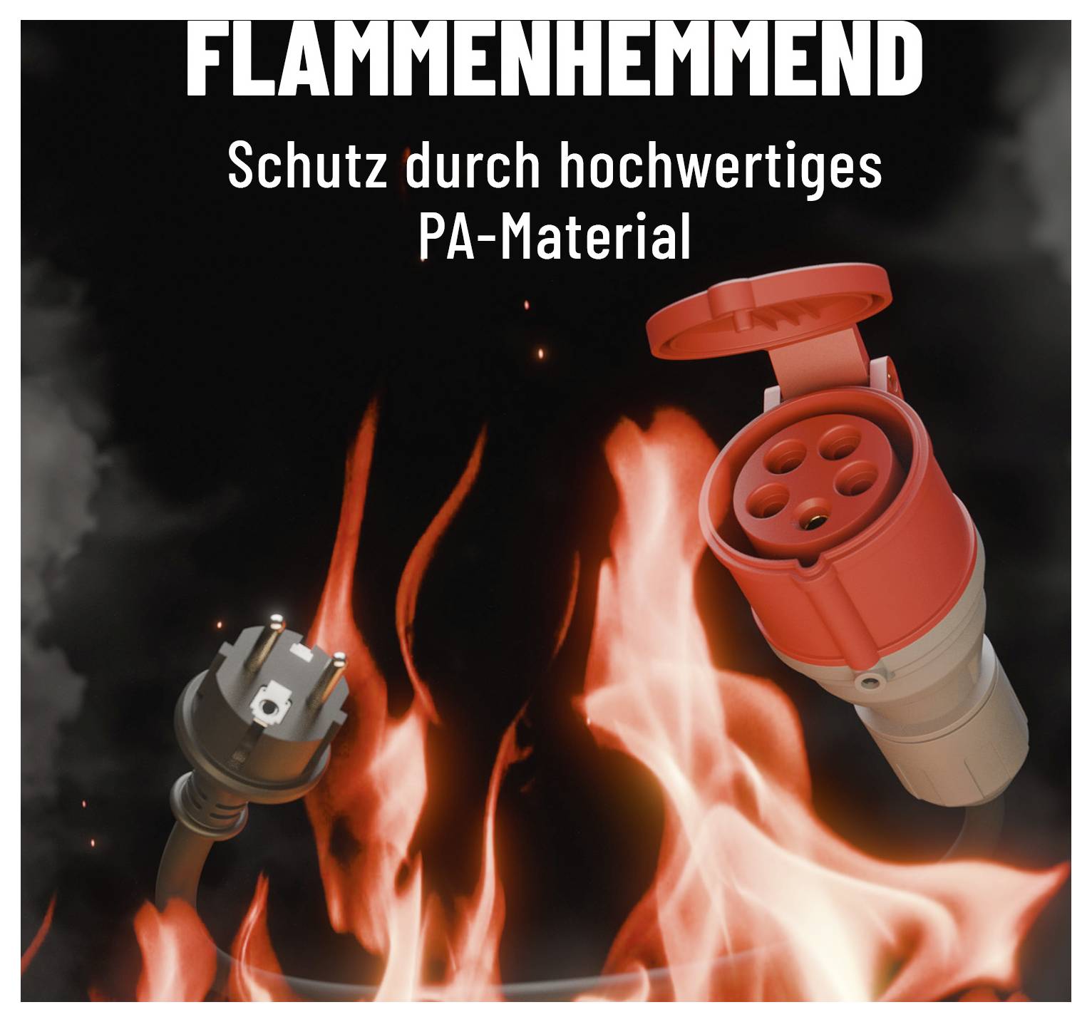 "Flame retardant" materijal protiv požara, prikazan sa dva električna konektora ispred plamena, naglašava visokokvalitetni PA materijal koji pruža učinkovitu zaštitu od vatre.