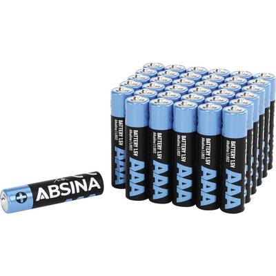 Skupina od 39 plavih i crnih AAA baterija s ispisanom oznakom 'ABSINA' i '1.5V', raspoređenih u pravokutnom obliku.