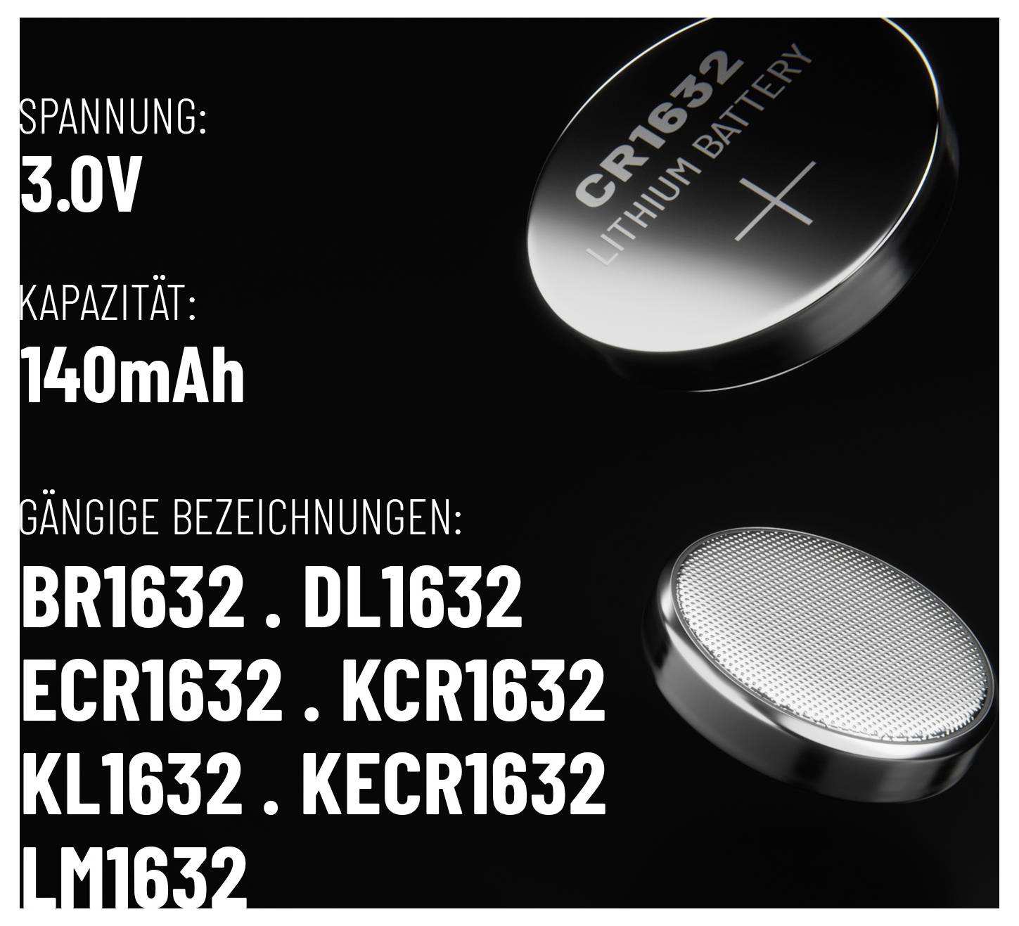 CR1632 litij baterija prikazana. 'Napon: 3,0V', 'Kapacitet: 140mAh'. Uobičajene oznake: BR1632, DL1632, ECR1632, KCR1632, KL1632, KECR1632, LM1632.
