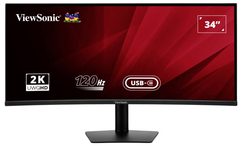 ViewSonic ultraširoki monitor s karakteristikama: 34-inčni zaslon, 2K UWQHD razlučivost, 120 Hz osvježavanje, USB-C povezivost.
