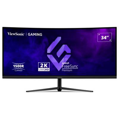 Zakrivljeni 34-inčni ViewSonic gaming monitor s zakrivljenošću od 1500R, rezolucijom 2K UWQHD i AMD FreeSync Premium značajkama.