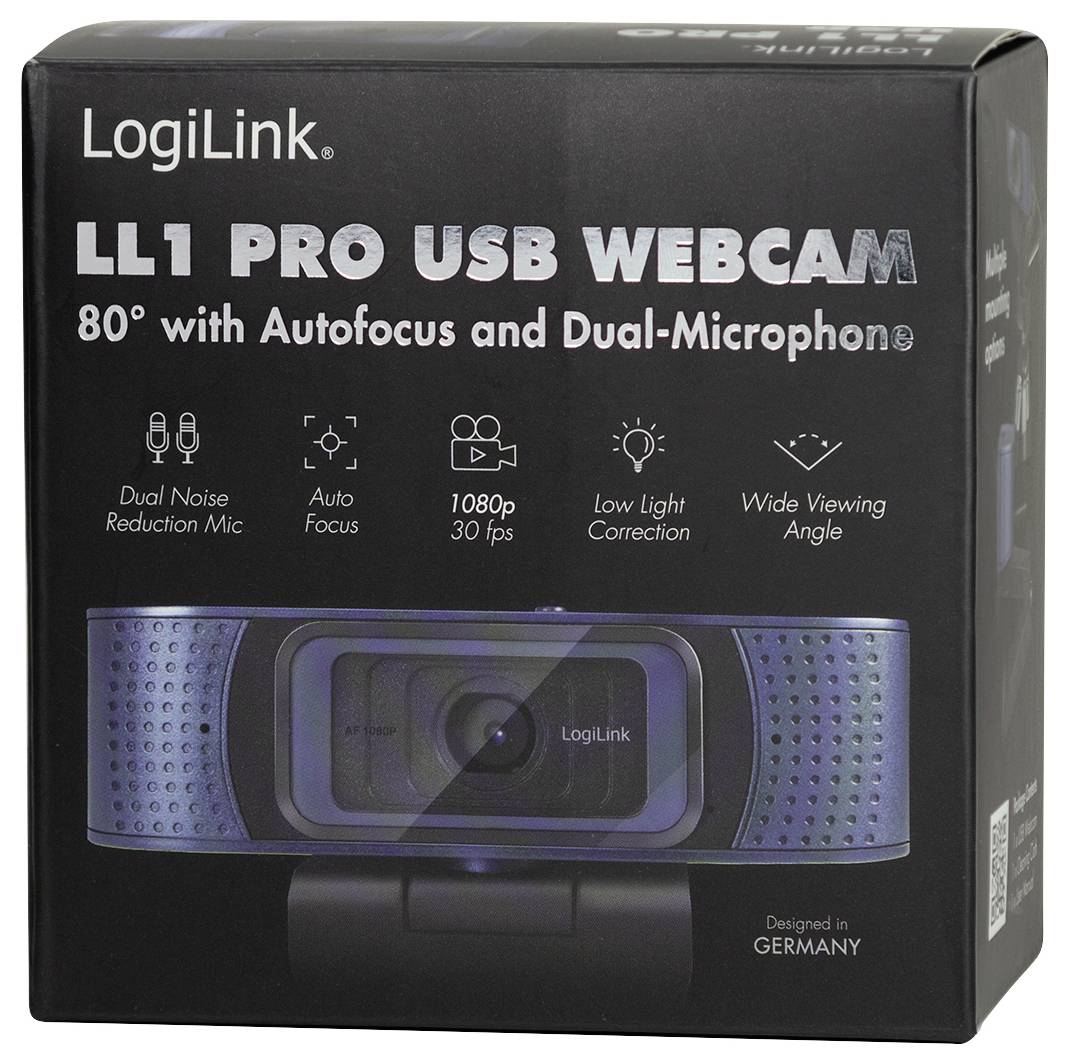LogiLink LL1 Pro USB web kamera, kutija prikazuje značajke: autofokus, dual mikrofon, 1080p 30fps, širokokutni objektiv, korekcija osvjetljenja pri slabom svjetlu, redukcija šuma.