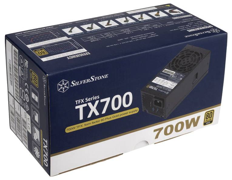 SilverStone TX700 TFX serija 700W napajanje s 80 Plus Gold certifikacijom, prikazuje sliku proizvoda i tehničke karakteristike.