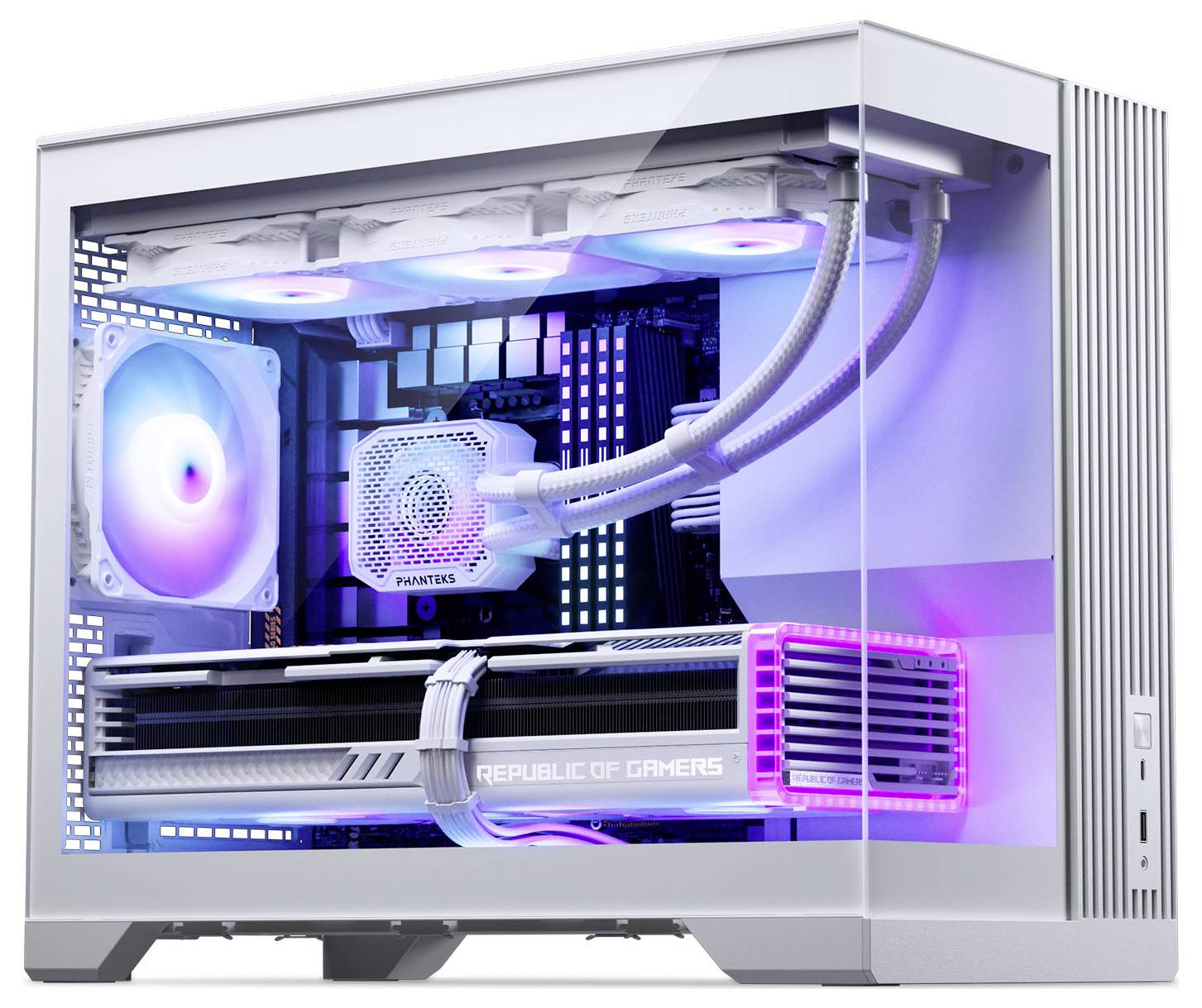 Elegantan, bijeli gaming PC sa prozirnom bočnom stranicom otkriva RGB osvjetljene komponente, uključujući grafičku karticu 'REPUBLIKA IGRAČA'.