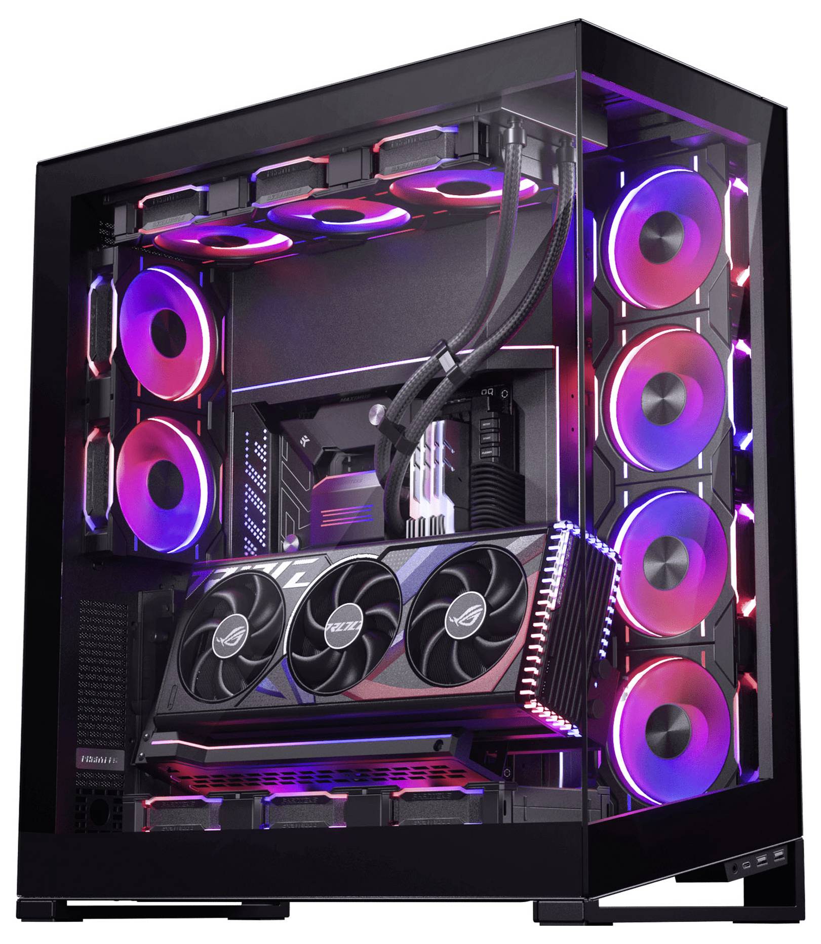 Crni gaming PC toranj s prozirnim panelima prikazuje RGB osvijetljene rashladne ventilatore i vrhunsku grafičku karticu u unutrašnjosti koja sjaji crvenom i plavom svjetlošću.