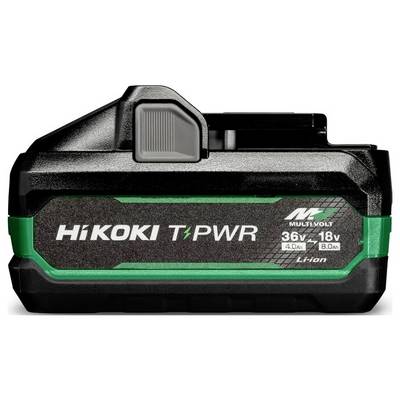 Crni i zeleni HiKOKI multivolni 36V/18V litij-ionski akumulator s robnom markom 'T-PWR', vidljivi indikatori kapaciteta 8,0 Ah i 4,0 Ah.
