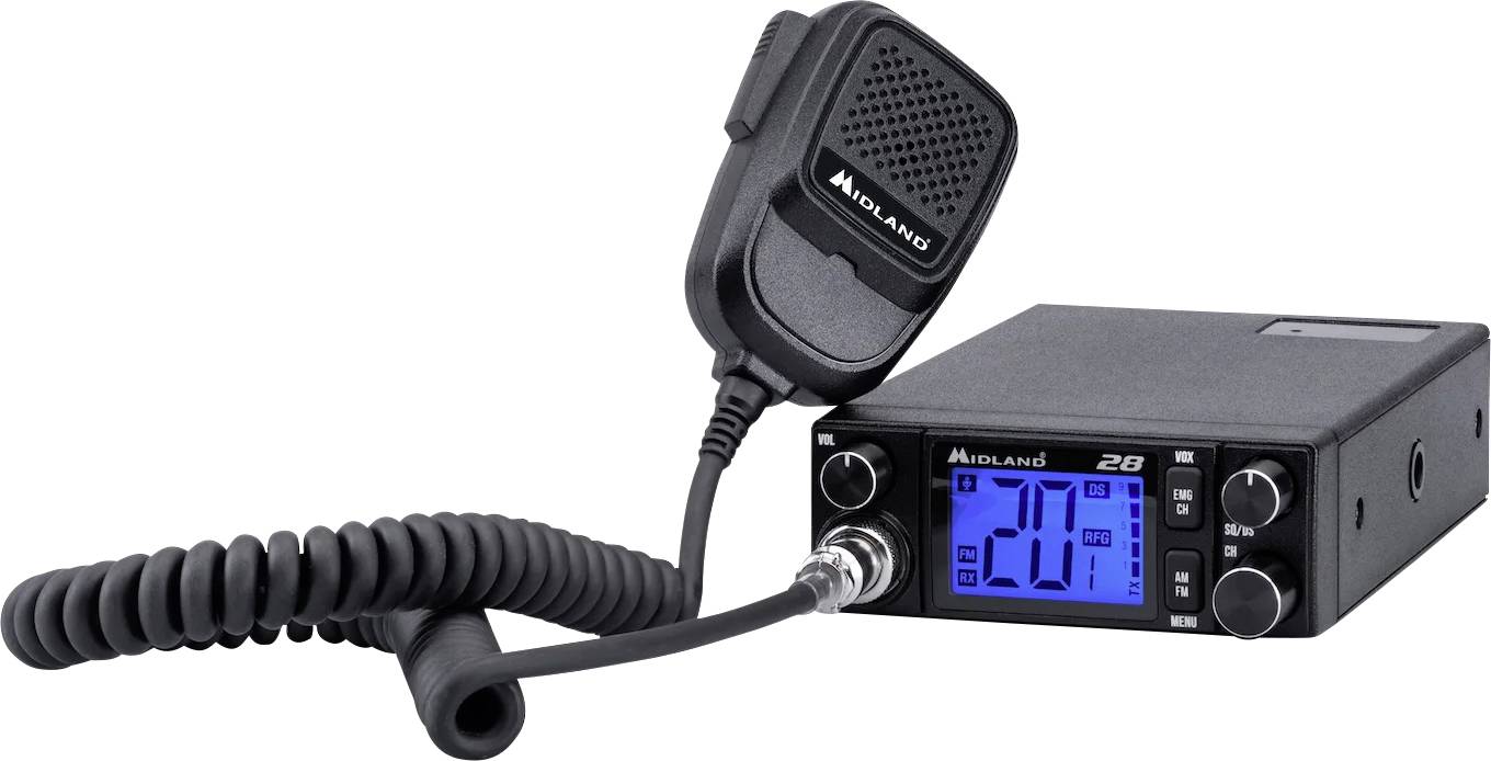 Crni Midland CB radio s ručnim mikrofonom, opremljen plavim digitalnim zaslonom koji prikazuje frekvenciju kanala i kontrolne tipke.