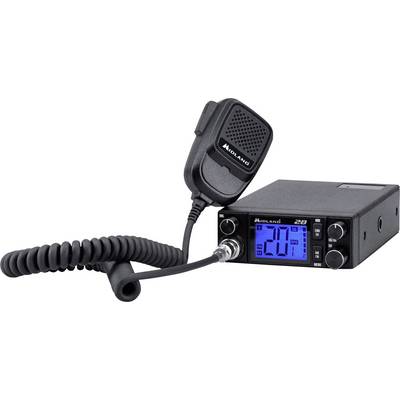 Crni Midland CB radio s ručnim mikrofonom, opremljen plavim digitalnim zaslonom koji prikazuje frekvenciju kanala i kontrolne tipke.