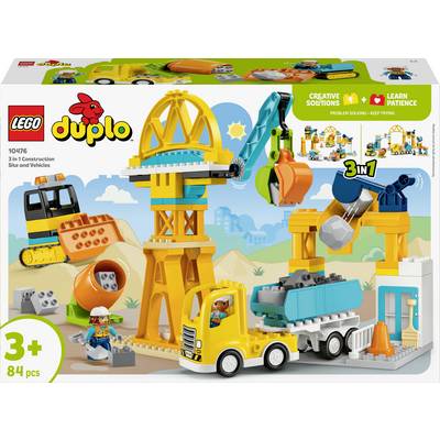 LEGO Duplo 3-u-1 set za izgradnju koji sadrži kamion, dizalicu i buldožer s likom građevinskog radnika i 84 dijela.