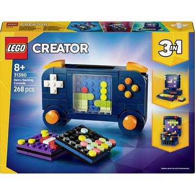 LEGO Creator 3-u-1 retro gaming konzola set, pogodan za uzrast od 8+ godina, sa 268 dijelova. Set uključuje opcije izgradnje konzole i prijenosne naprave.