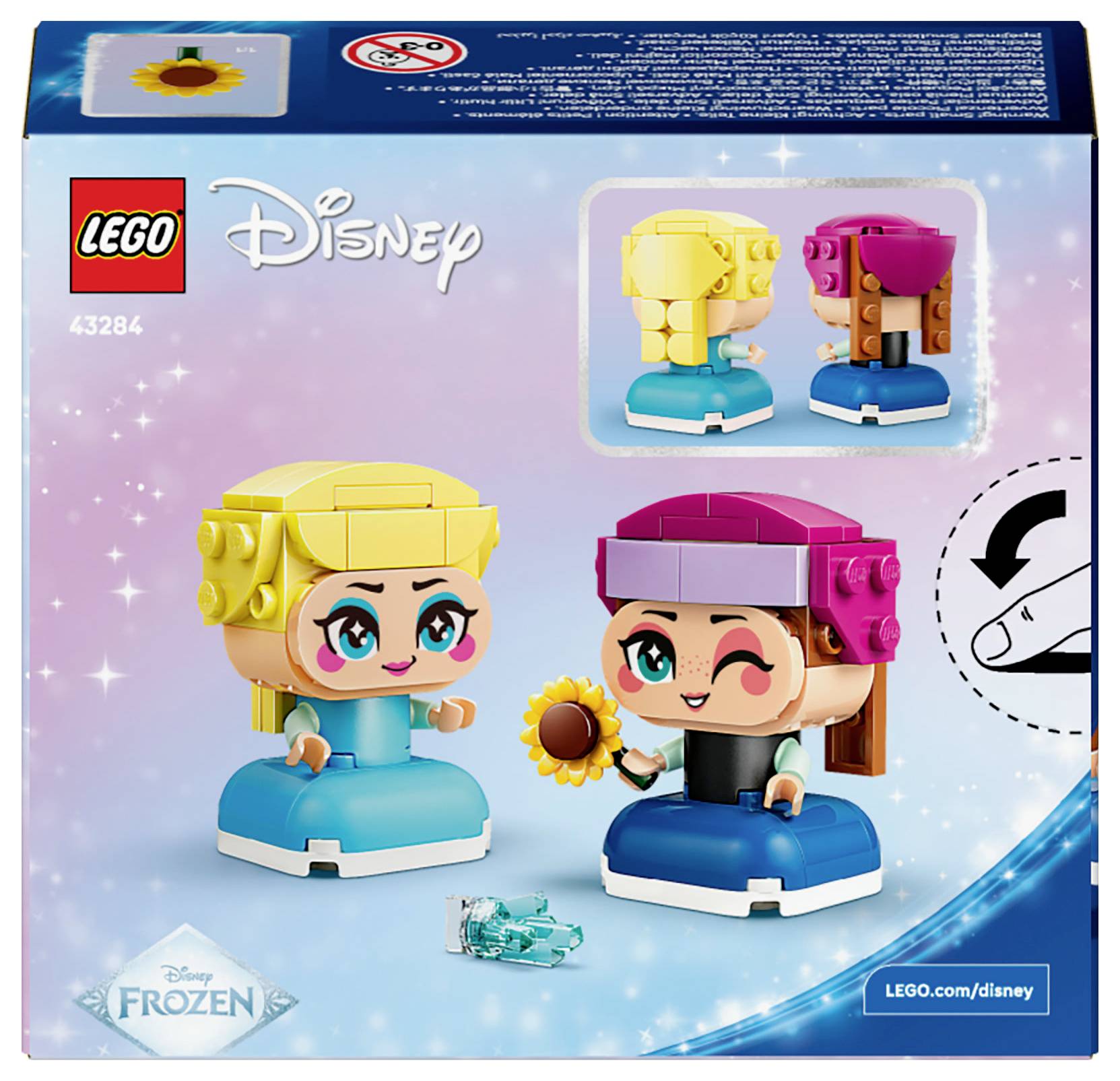 LEGO Disney set koji uključuje block figure dvije figure u šarenim outfitima; sadrži dodatan ukras u obliku suncokreta. Broj seta 43284.