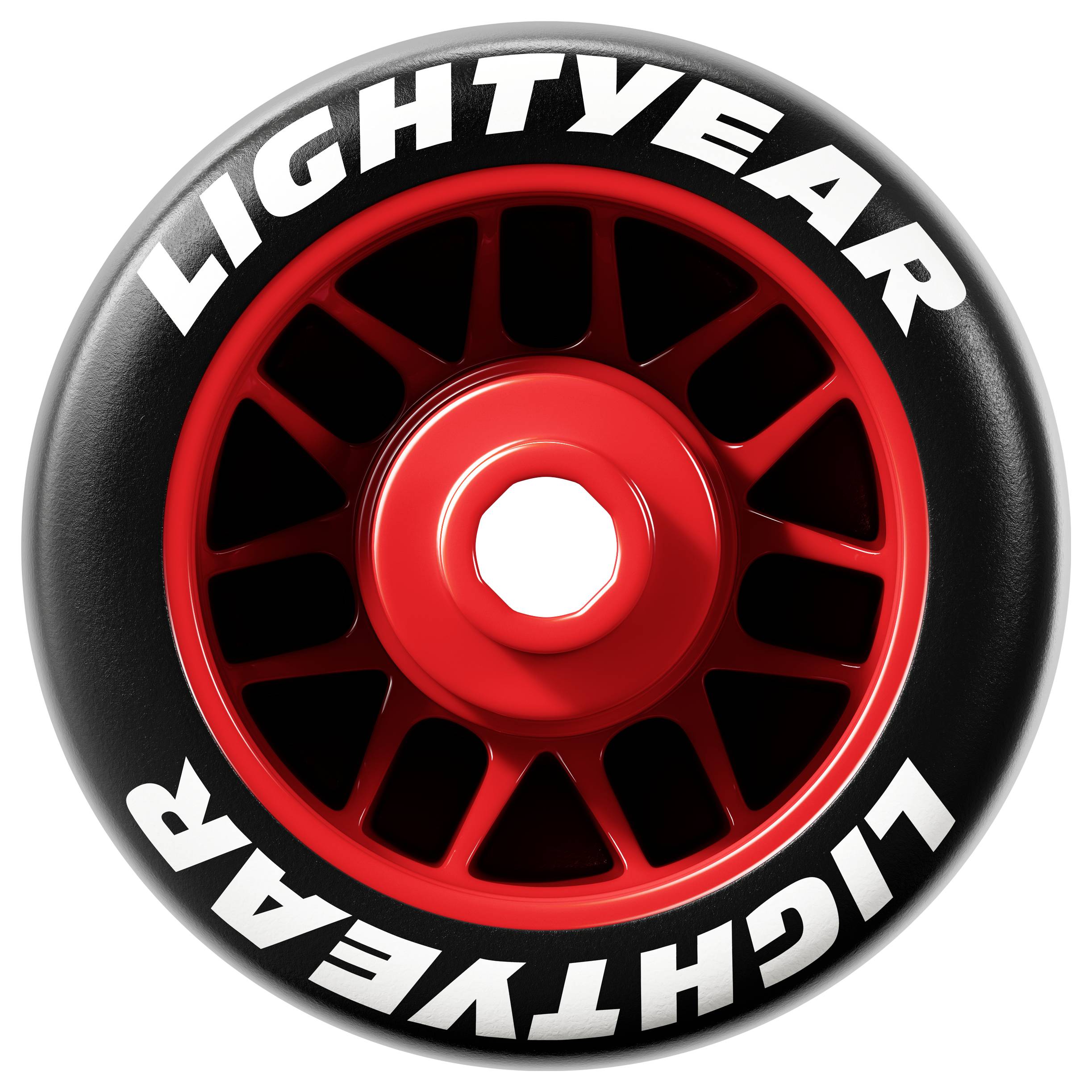 Logo 'Alightyear' na crnoj gumi s crvenim rubom i bijelim slovima.
