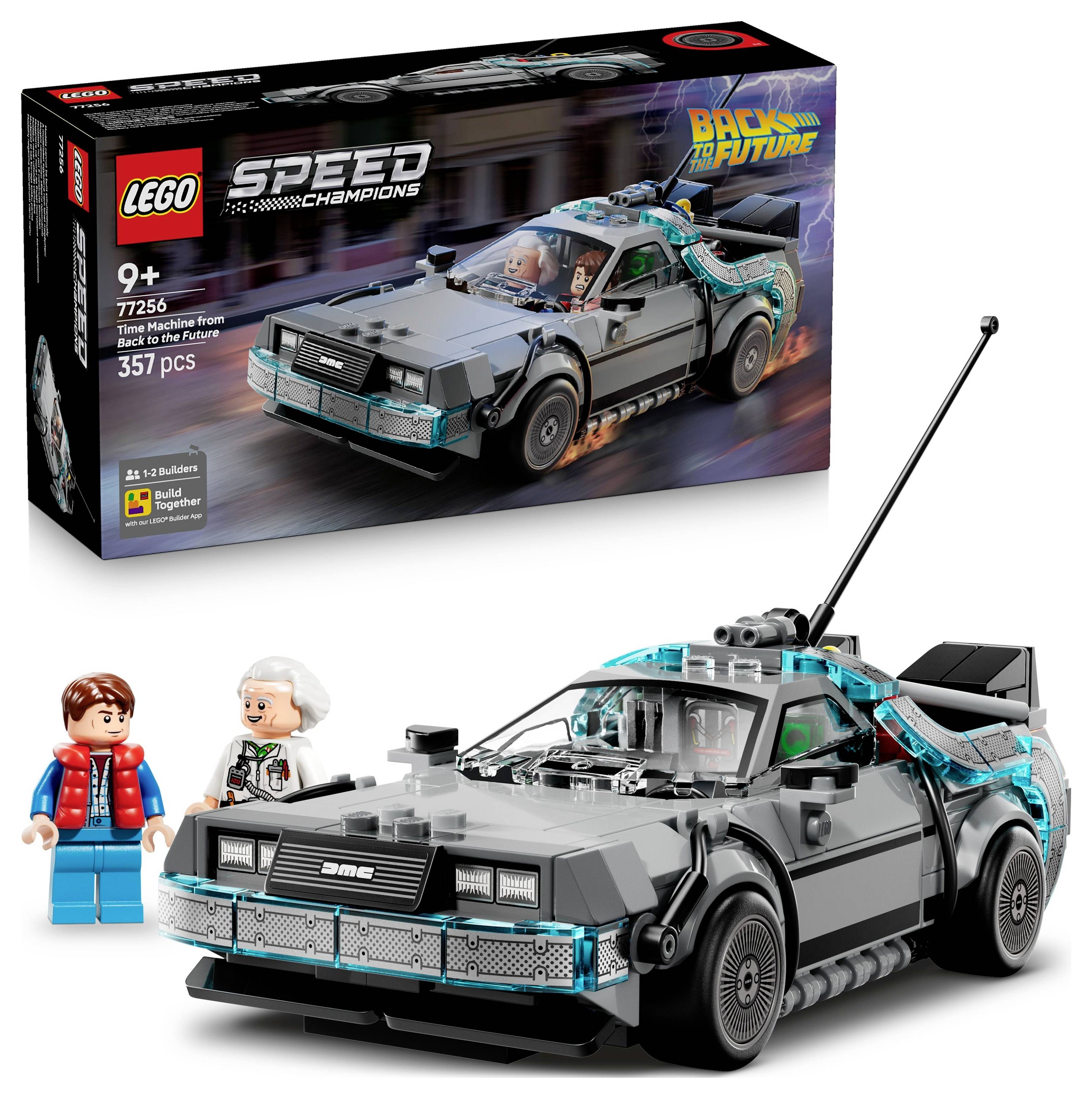 Lego set 'Speed Champions' koji uključuje detaljni model DeLoreana iz filma 'Povratak u budućnost' sa mini figuricama Doca i Martyja, pogodan za djecu stariju od 9 godina.