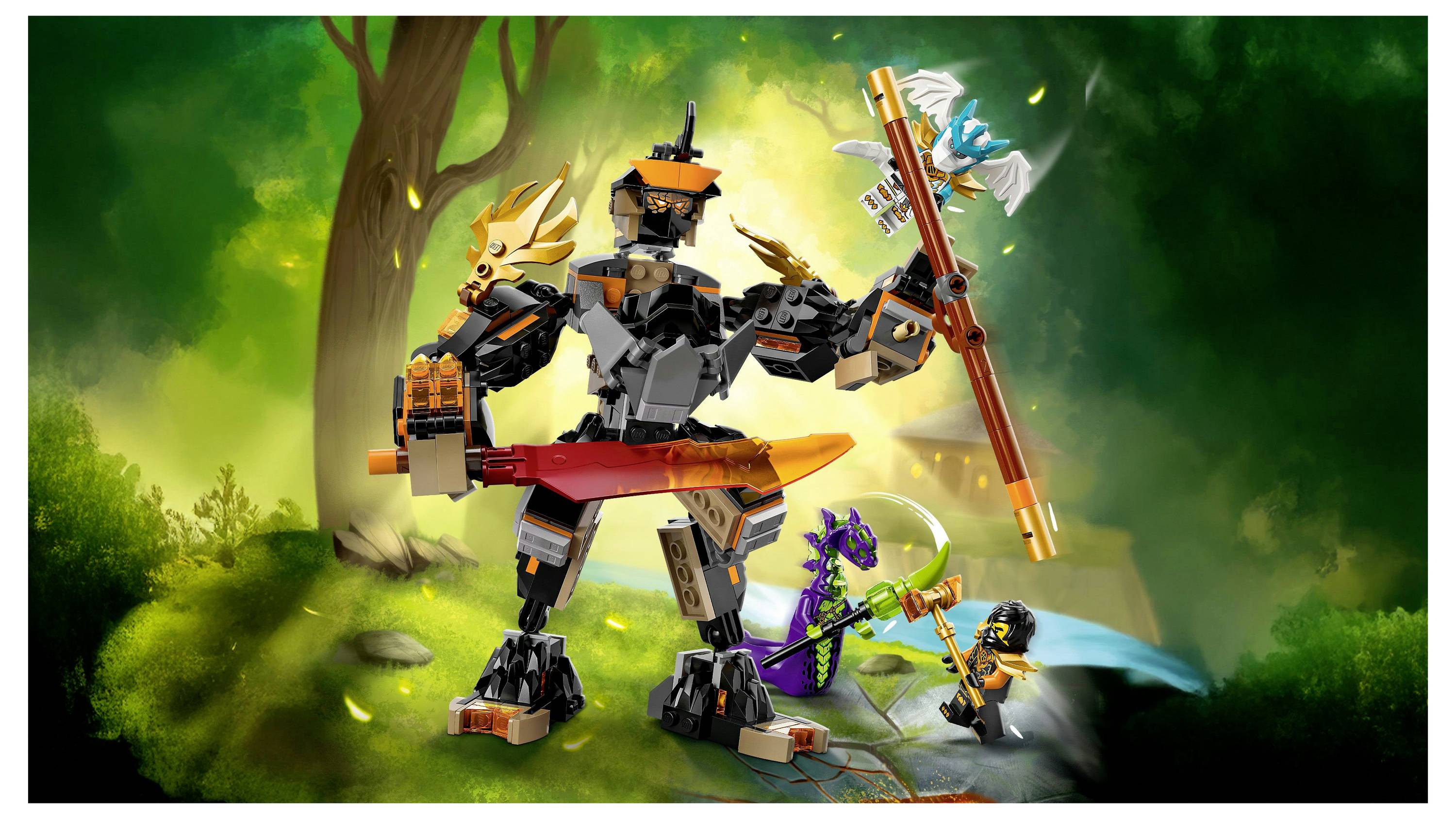 Velika, oklopljena figura koja drži štap stoji u bujnoj, misterioznoj šumi. Manje figure i stvorenja nalaze se kod njezinih nogu, stvarajući fantazijski prizor.