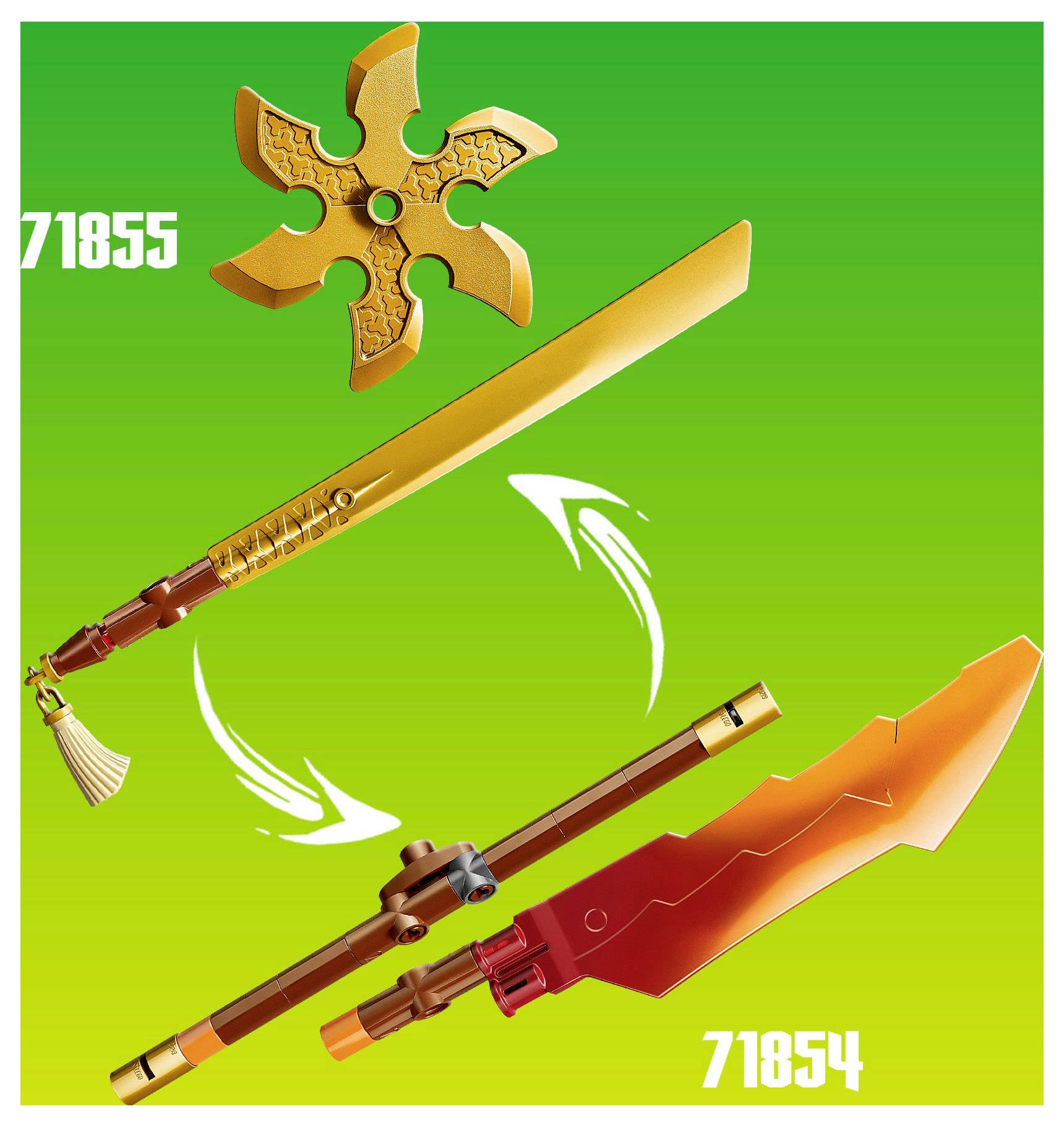 Zelena pozadina prikazuje dva zlatna mača i zvjezdasto oružje. Brojevi '71855' i '71854' označavaju predmete.
