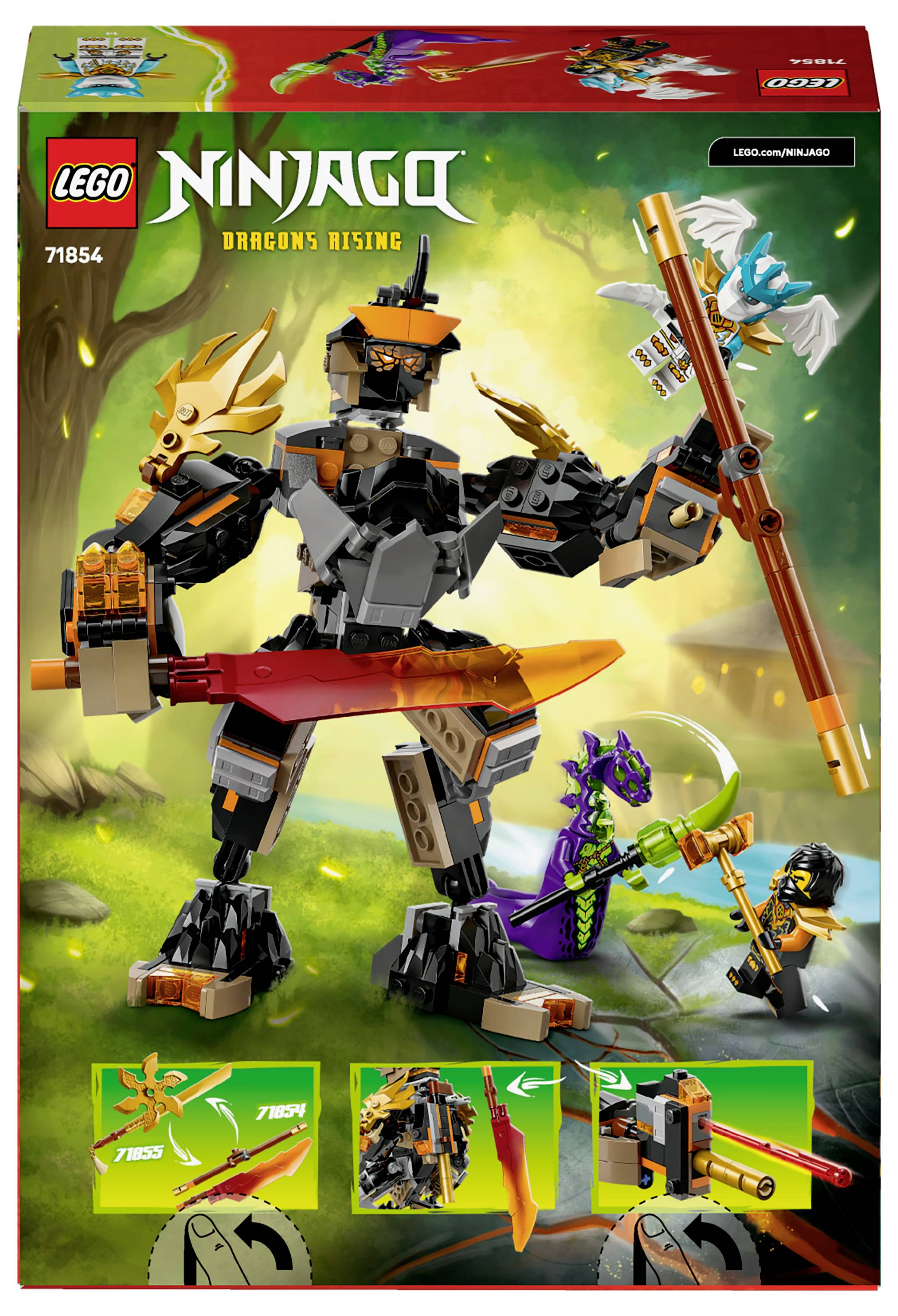 LEGO Ninjago set 71754: sadrži velik mech s vatrenim mačem, malu zelenu zmaju i dvije minifigure u fantazijskom šumskom prizoru.