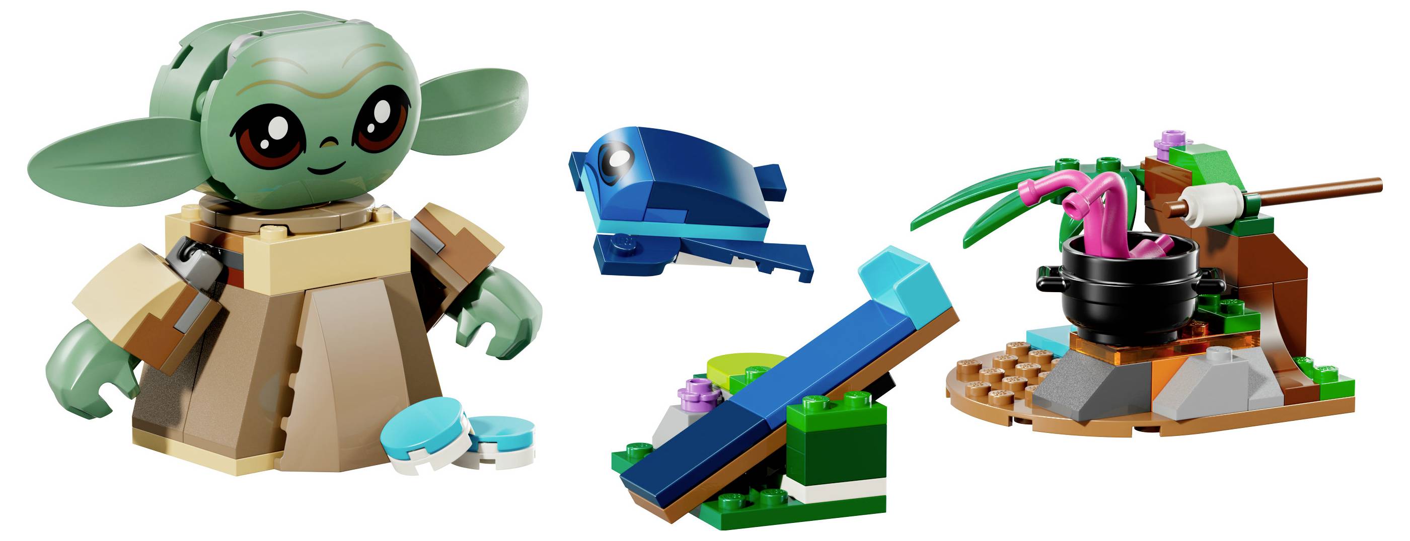 LEGO set koji prikazuje zelenog lika velikih ušiju, lebdeće plavo vozilo, rampu i malu kuharsku scenu s loncem iznad vatre.