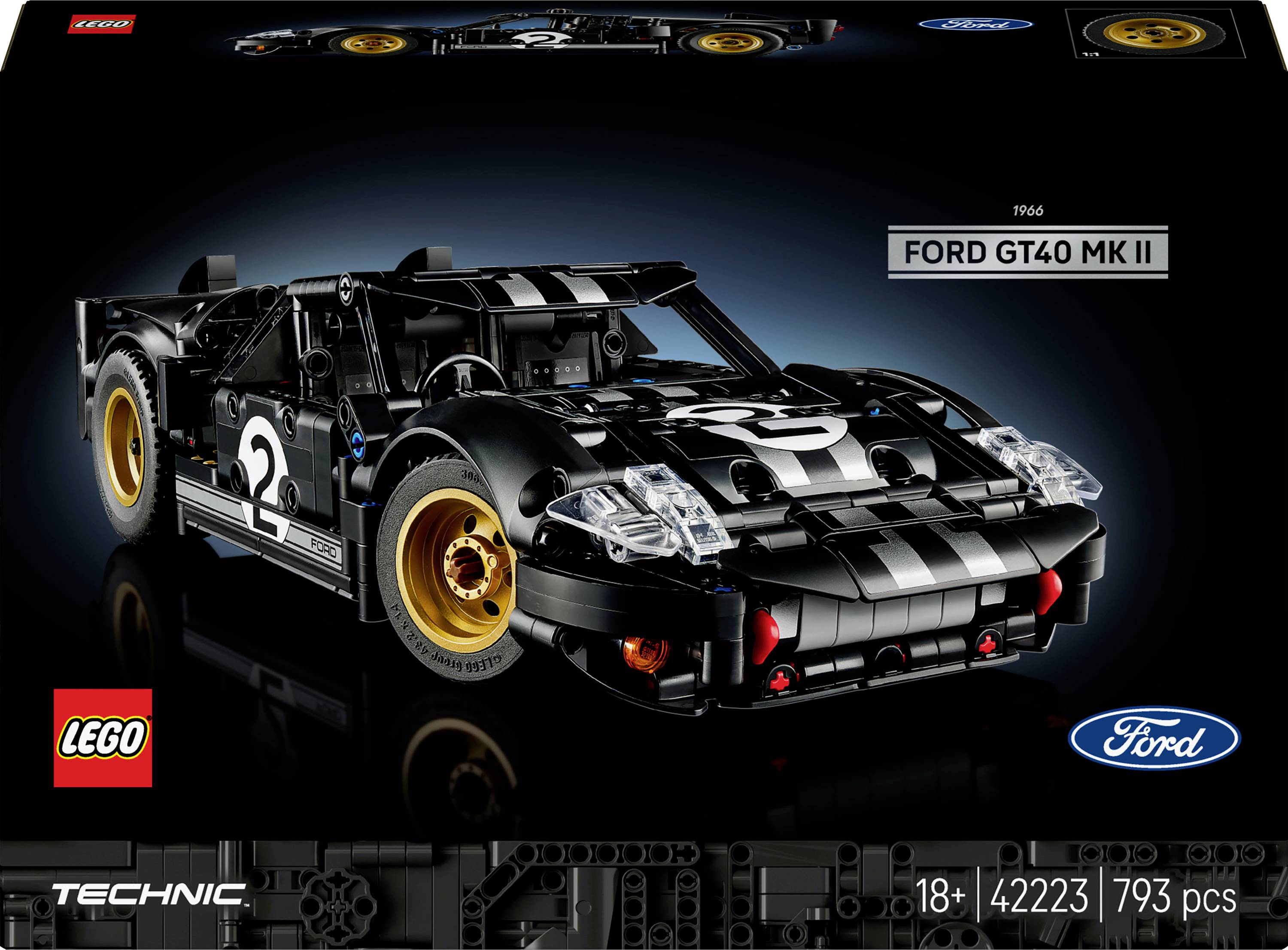 Set 'Lego Technic Ford GT40 MK II', koji prikazuje model crno-bijelog trkaćeg automobila s zlatnim naplatcima. Uključuje logotipe i informacije o setu.