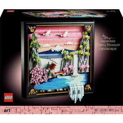 LEGO umetnički rad koji prikazuje japanski krajolik s trešnjinim cvjetovima, vodospadom, Mount Fujijem i pticama uz ružičasto nebo.