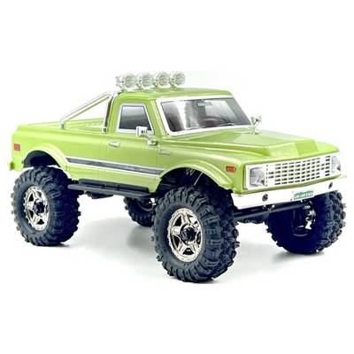 Svijetlozeleni igračka čudovišni kamion s preuvećanim gumama i kromiranim detaljima, dizajniran da oponaša stil klasičnog pickup kamiona.