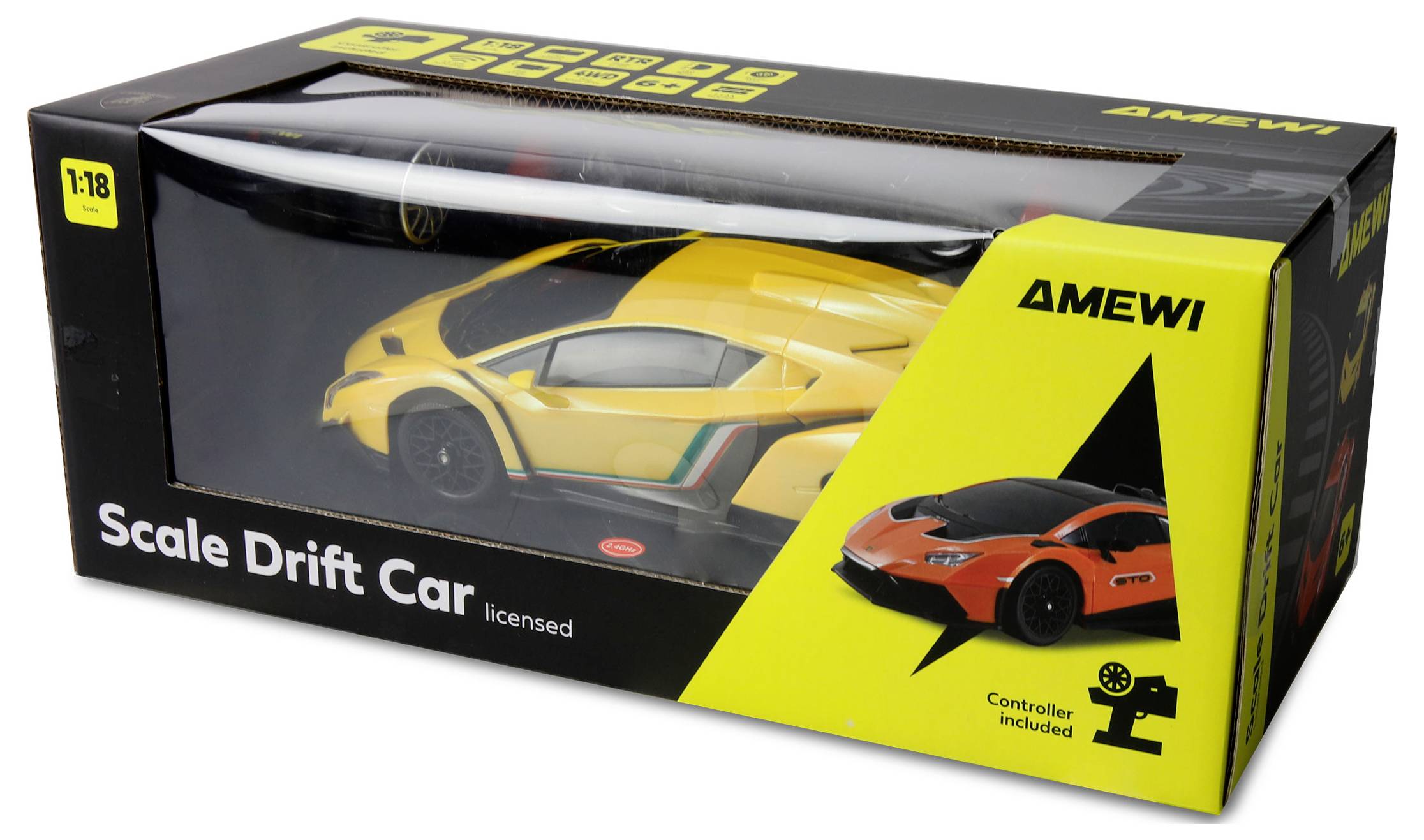 "Scale Drift Car licencirana" igračka u pakiranju koji prikazuje žuti model automobila u crnoj i žutoj kutiji. Uključuje grafički prikaz daljinskog upravljača.